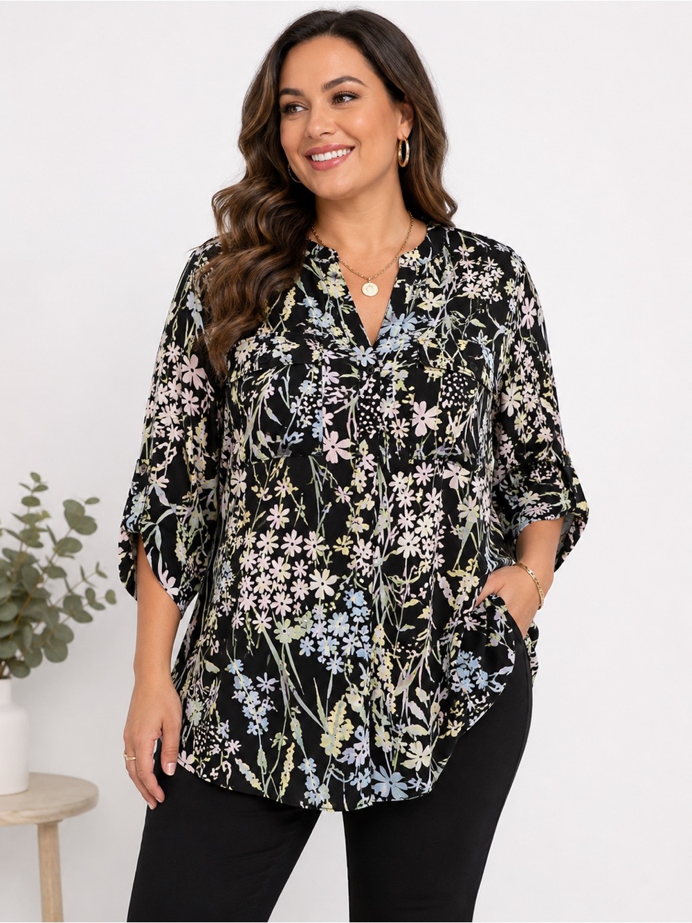 Calvin Klein Blouse Women’s 3X Black Botanical Print Roll Tab Sleeve Tunic Top